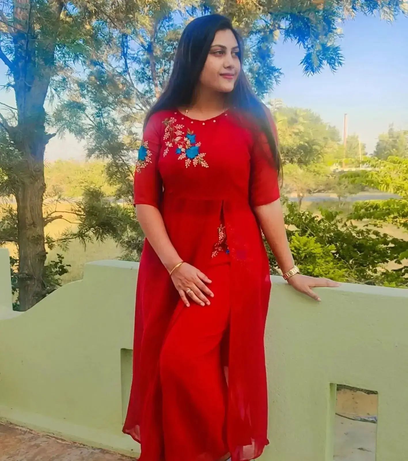 Indian TV Model Priyanka Naidu Long hair in Red Dress